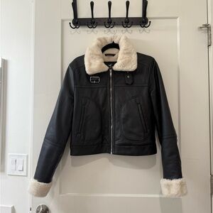 Hollister Black and Cream Leather Aviator Jacket